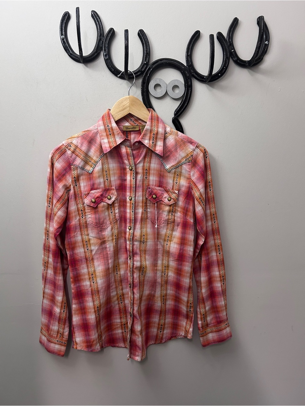 Wrangler Pink and Orange Plaid Snap-Front Western Shirt